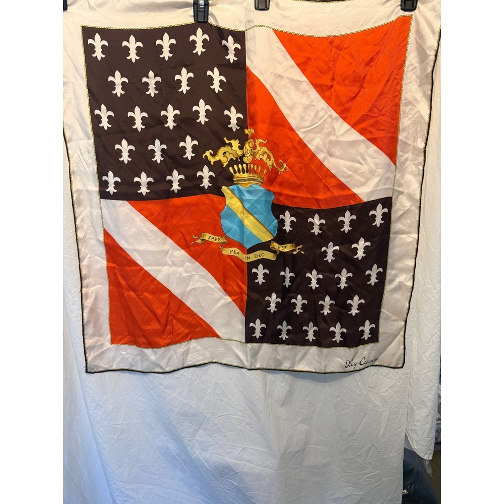 Oleg Cassini Vintage Silk Scarf Heraldic Crest Fleur De Lis Orange Brown White
